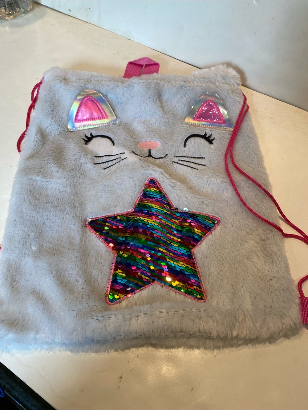 White Faux Fur Kitten Drawstring Backpack